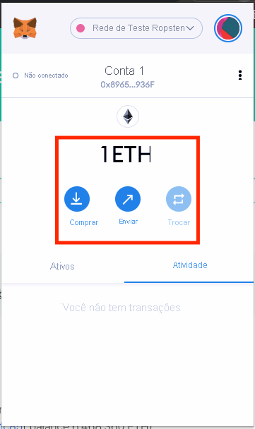 Captura de tela mostrando a extensão do navegador do MetaMask. A conta lista a quantidade de ether.