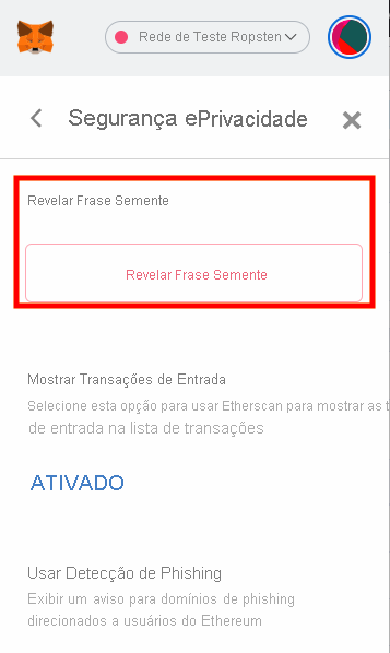 Captura de tela mostrando como revelar uma frase semente no MetaMask.