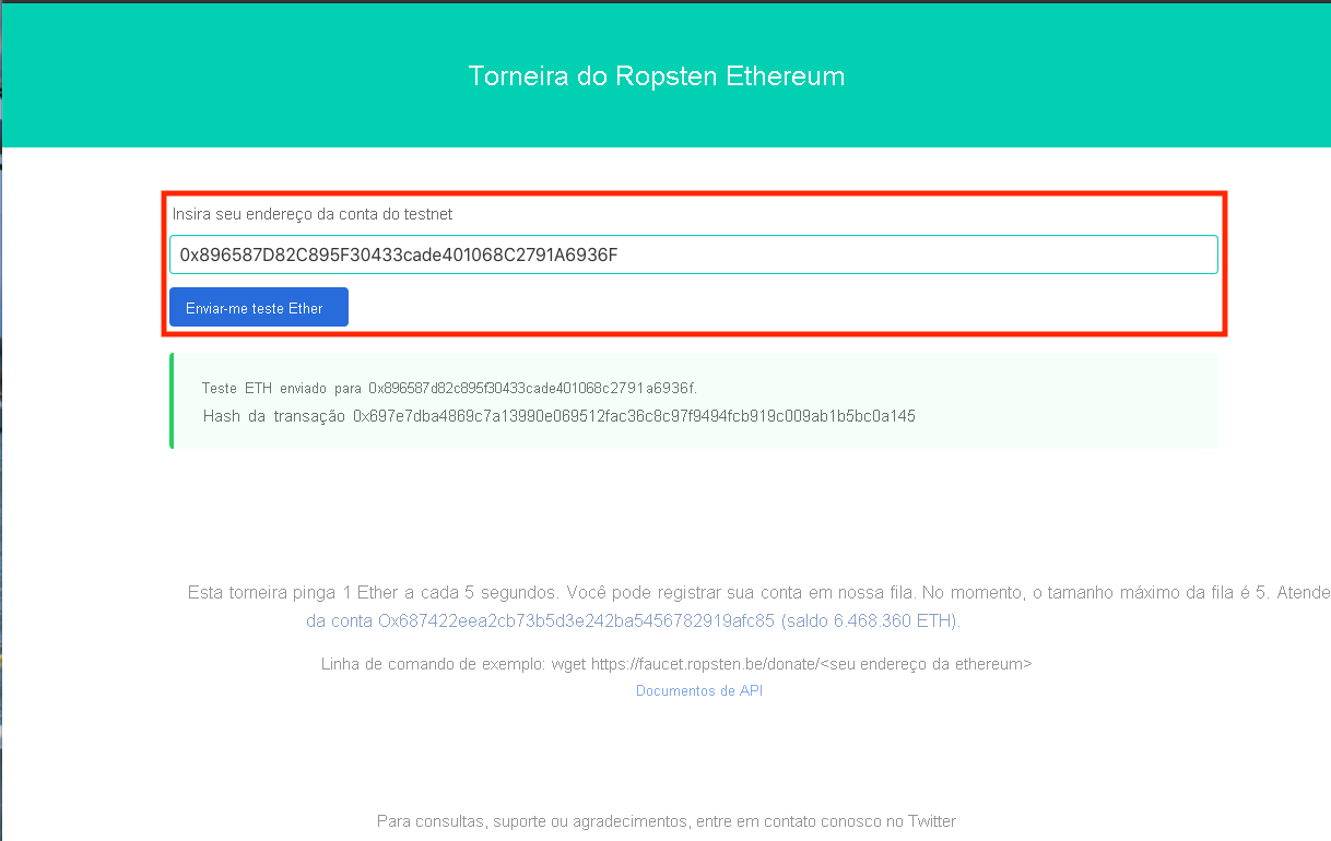 Captura de tela mostrando como solicitar ether de teste na torneira do Ropsten.