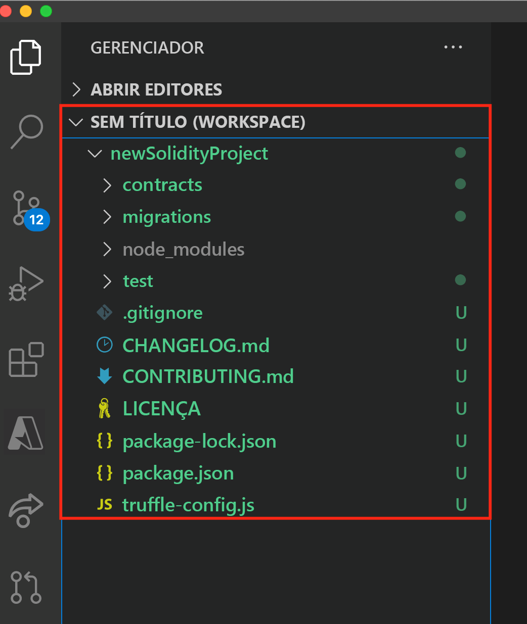 Captura de tela mostrando um novo workspace para um projeto Solidity.