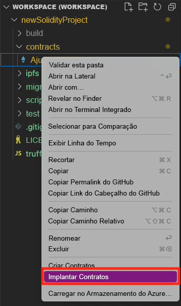 Captura de tela mostrando o painel Explorar. No menu de atalho, o comando Implantar Contratos está selecionado.
