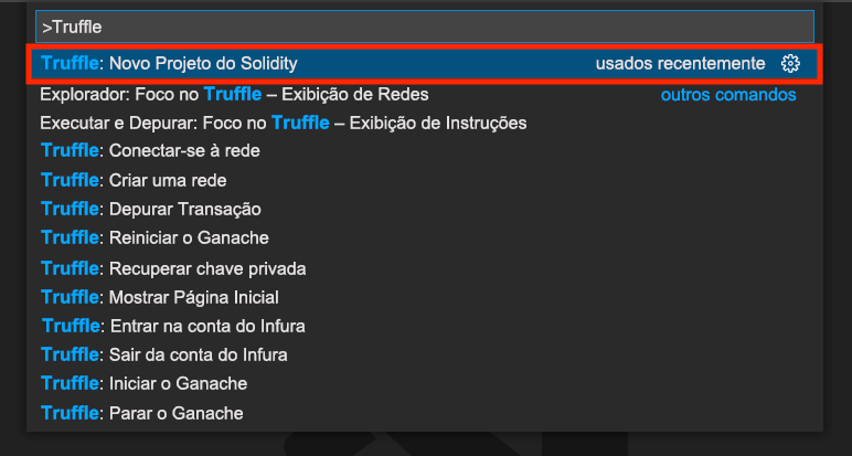 Captura de tela mostrando como criar um projeto Solidity no Visual Studio Code.