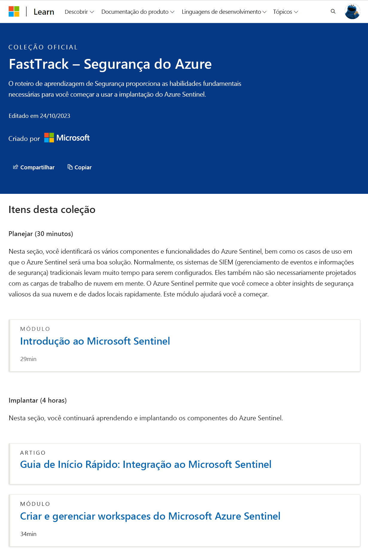 Captura de tela da Coleção Oficial FastTrack – Segurança do Azure da Microsoft