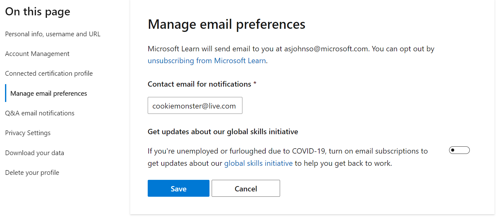 Captura de tela da seção Gerenciar preferências de email nas configurações de perfil do Microsoft Learn.