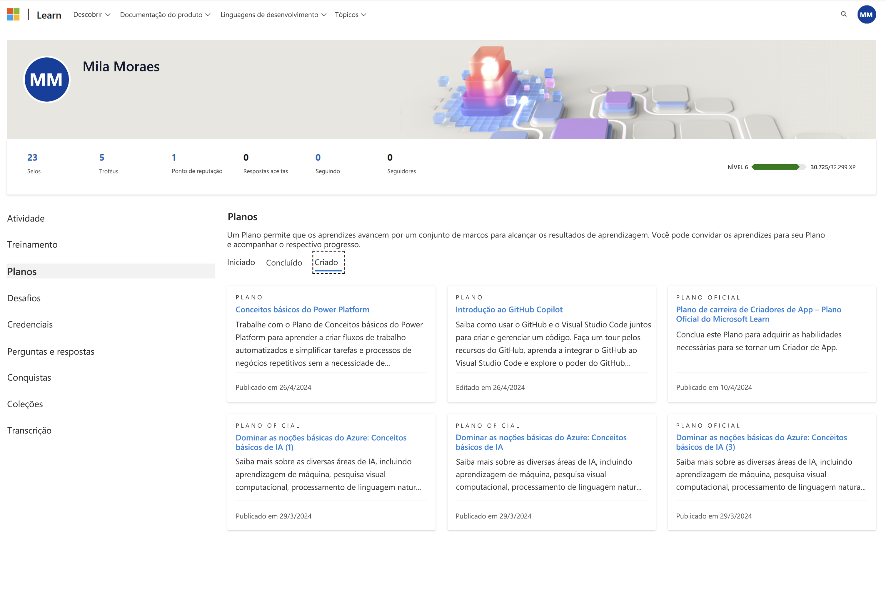 Captura de tela de um perfil de usuário do Learn em que a atividade planos é mostrada. Os planos Criados são mostrados na guia 