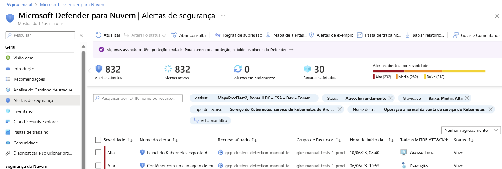 Captura de tela mostrando alertas de segurança para carga de trabalho de runtime nos clusters.