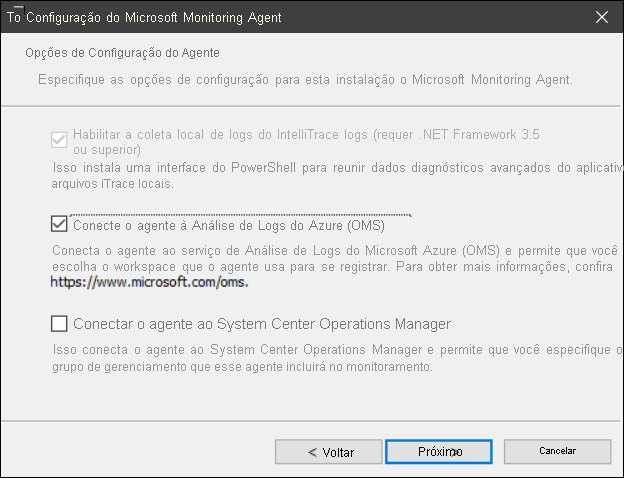 A screenshot of the Agent Setup Options page in the Microsoft Monitoring Agent Setup Wizard. The administrator has selected the Connect the agent to Azure Log Analytics (OMS) check box.