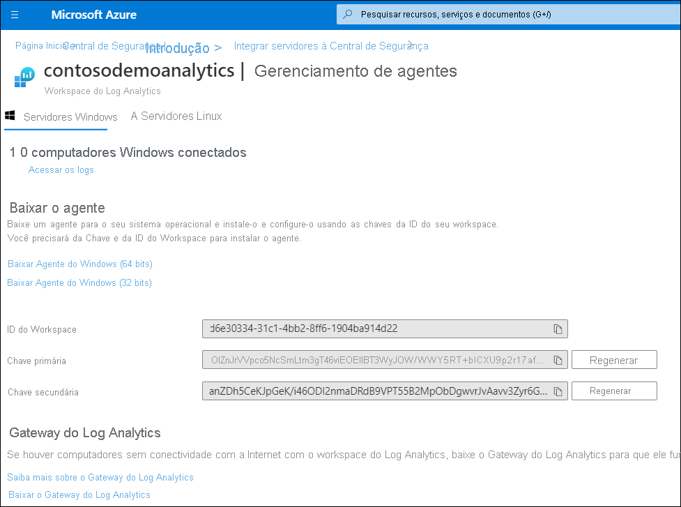 A screenshot of the Agents management blade in the Azure portal. Links are provided to download the Windows agents, and Workspace ID and keys are generated.