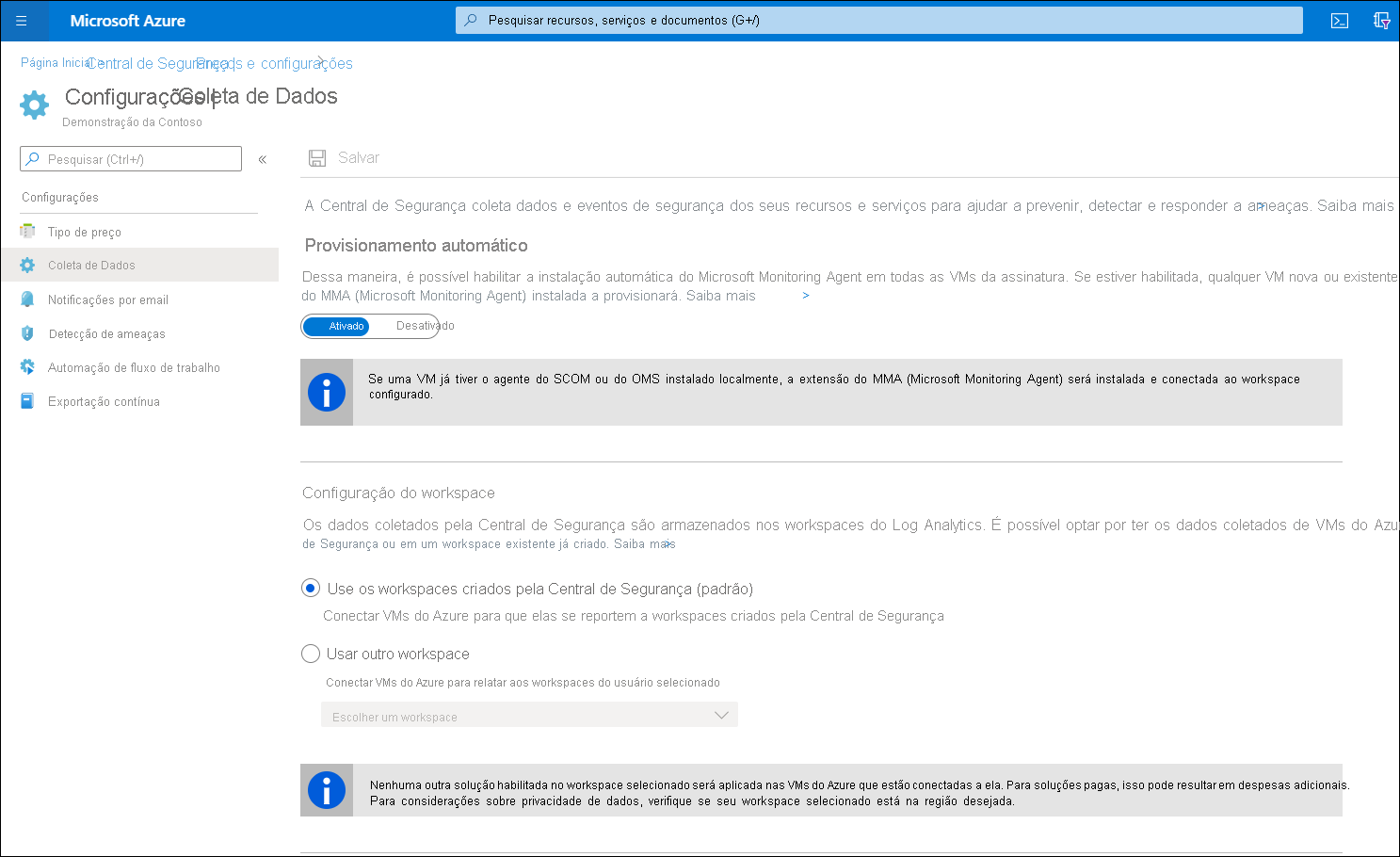 A screenshot of the Data Collection tab of the Pricing & settings blade in the Azure Security Center. Auto Provisioning is on, and the default Workspace configuration, which is to use workspaces created by Security Center, is selected.