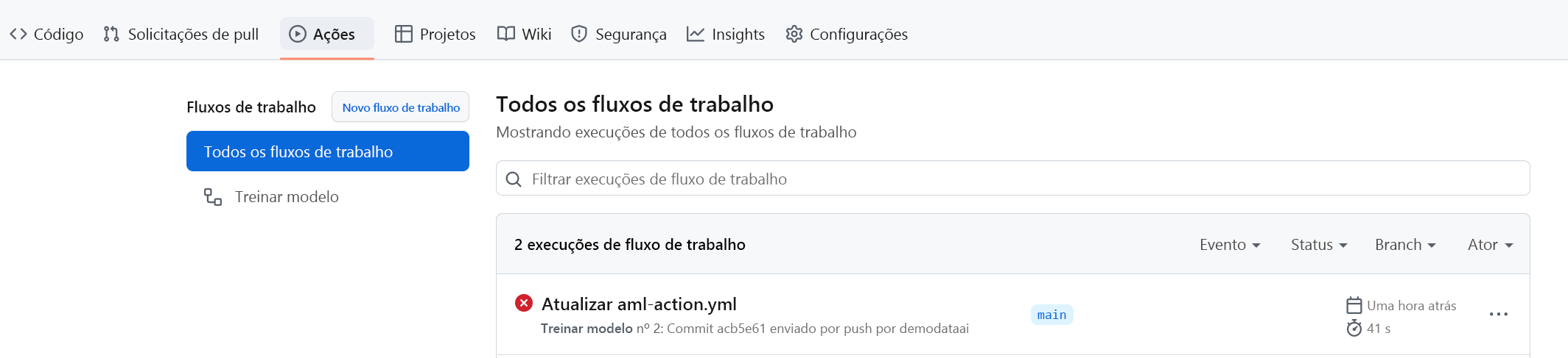 Captura de tela da visão geral do GitHub Actions.