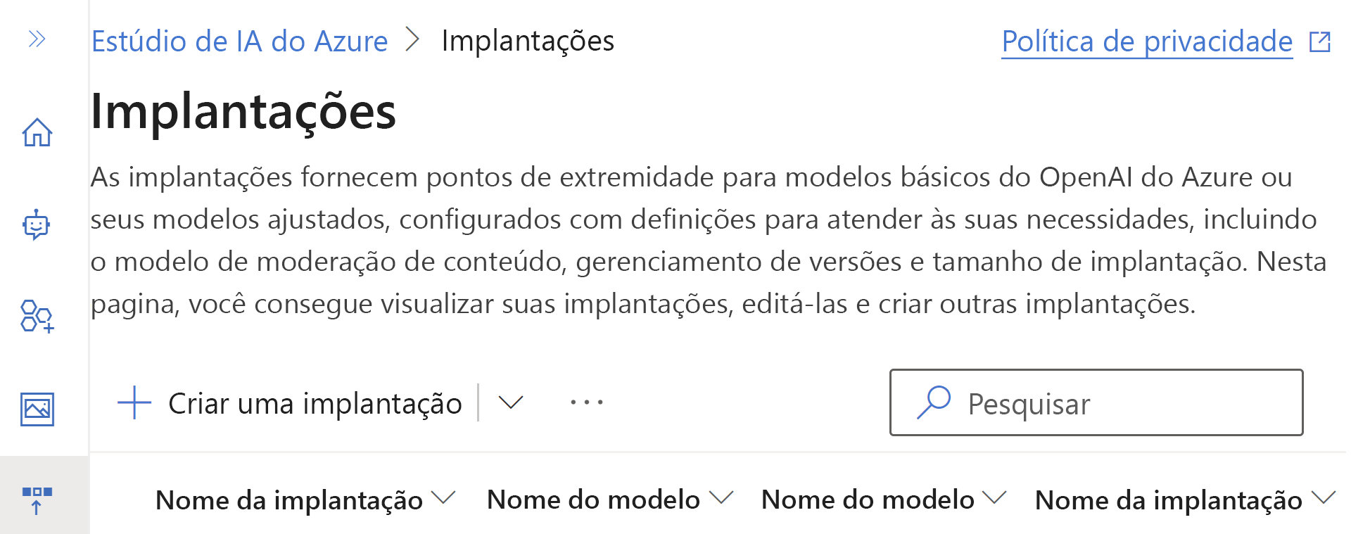 Uma captura de tela da página de implantações do OpenAI do Azure.