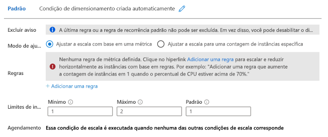 Captura de tela que mostra como criar uma condição de dimensionamento automático no portal do Azure, incluindo as configurações para o modo de ajuste de escala e a contagem de instâncias.