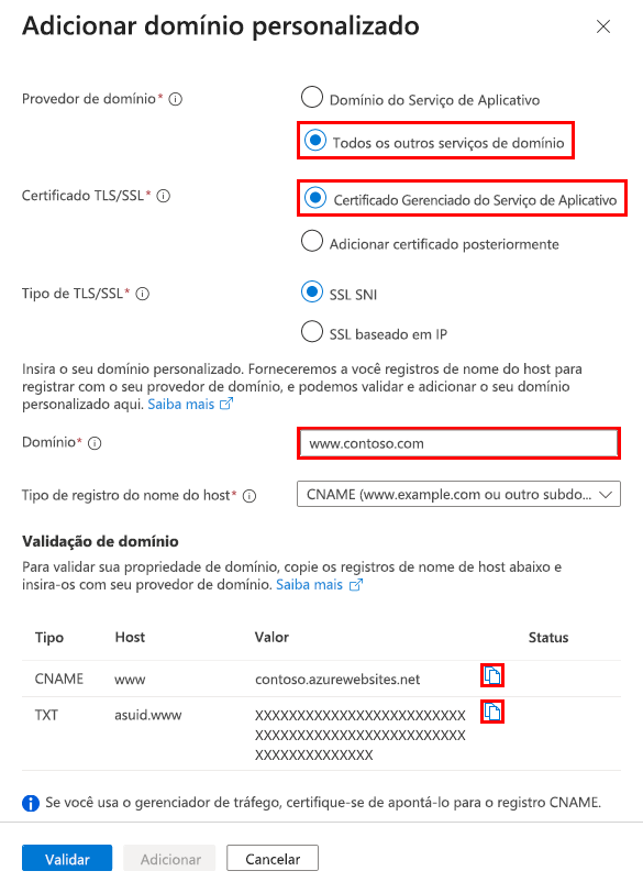 Captura de tela que mostra a página de domínio personalizada no portal do Azure.