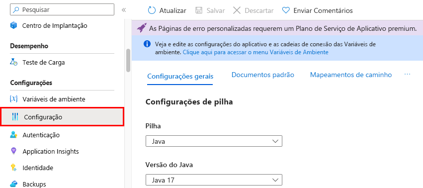 Captura de tela que mostra outras opções de configuração para um aplicativo com o Serviço de Aplicativo no portal do Azure.