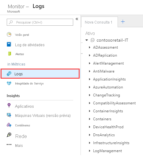 Captura de tela que mostra um exemplo de logs do Azure Monitor no portal do Azure.