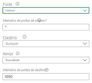 Captura de tela que mostra como definir as configurações de origem e destino para criar uma regra de segurança no portal do Azure.