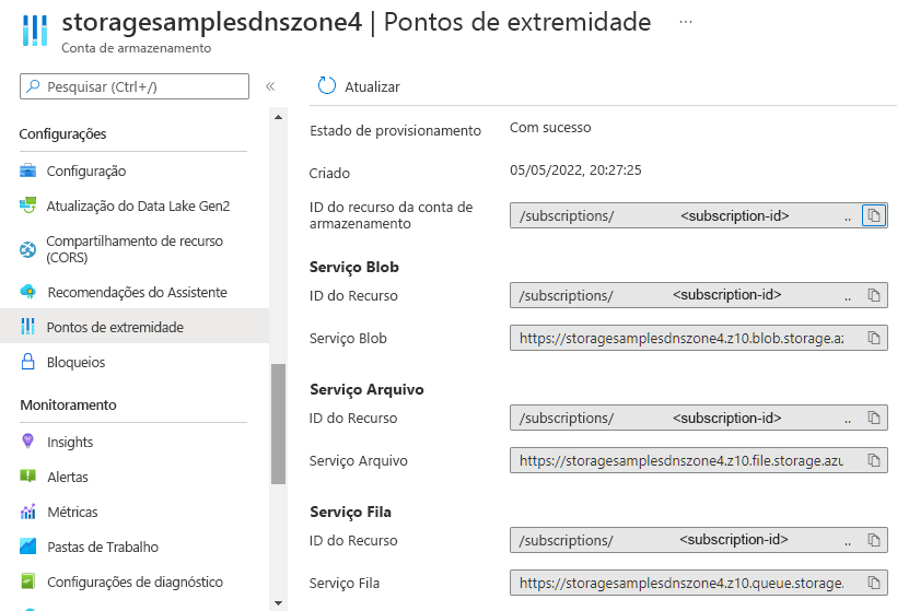 Captura de tela das URLs do ponto de extremidade de serviço no portal do Azure.