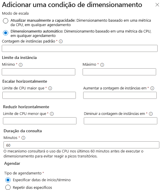 Captura de tela das configurações para configurar instâncias de máquina virtual e dimensionamento automático no portal do Azure.