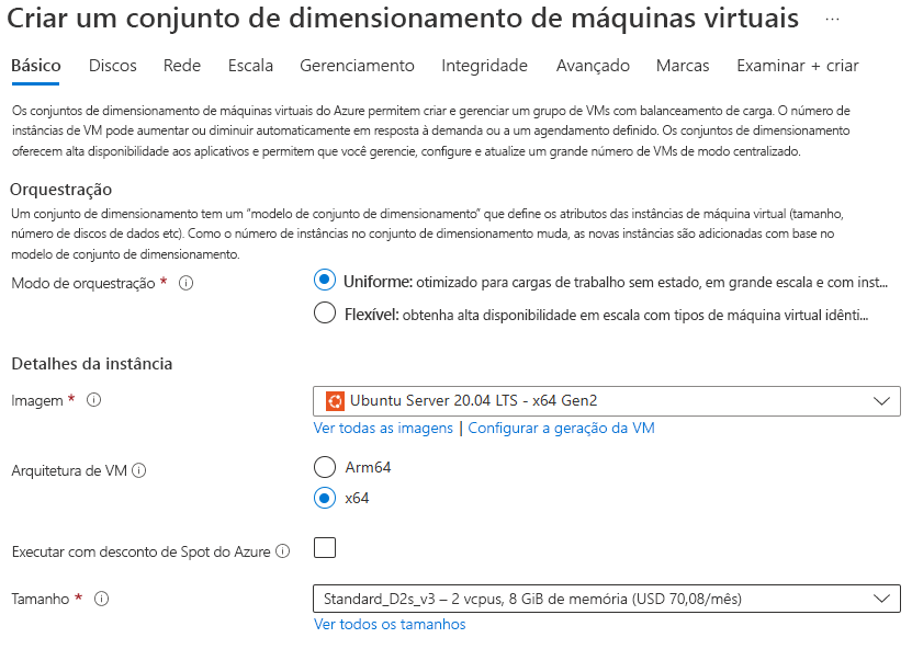 Captura de tela que mostra como criar Conjuntos de Dimensionamento de Máquinas Virtuais no portal do Azure.