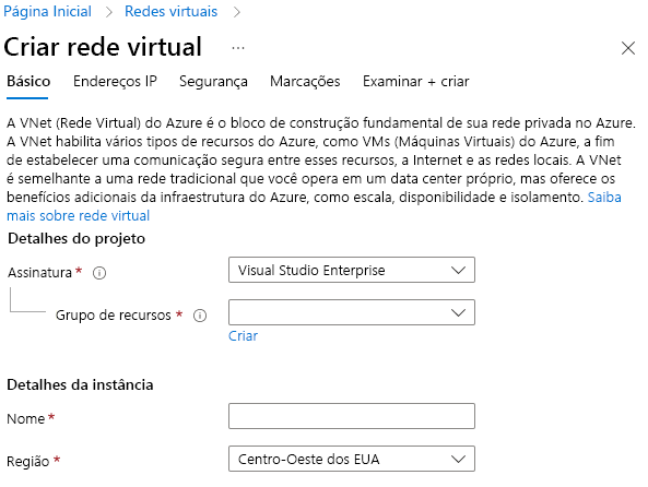 Screenshot that shows how to create a virtual network in the Azure portal.