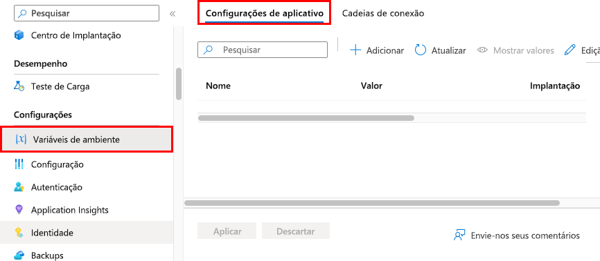Navegando até Variáveis de ambiente > Configurações de aplicativo