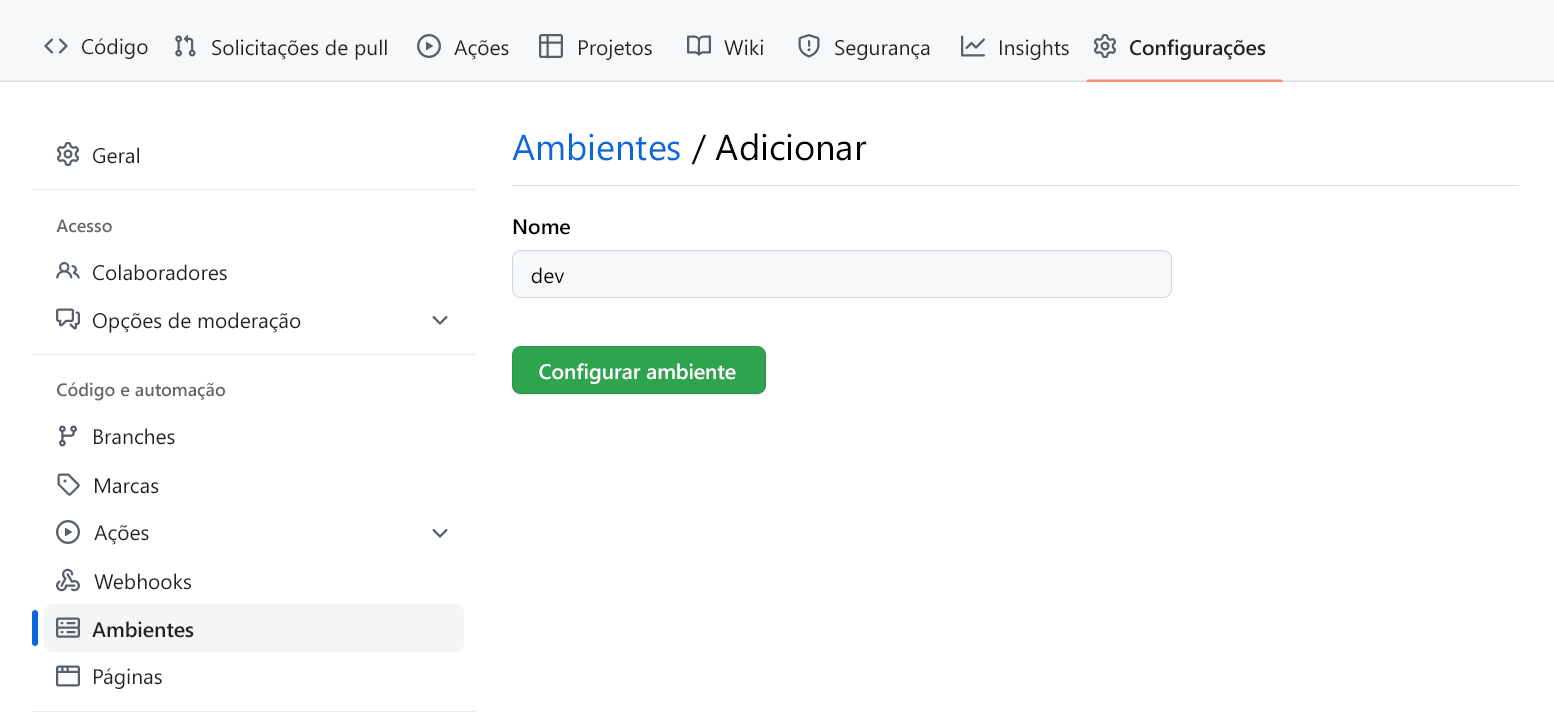 Captura de tela da criação de um novo ambiente no GitHub.