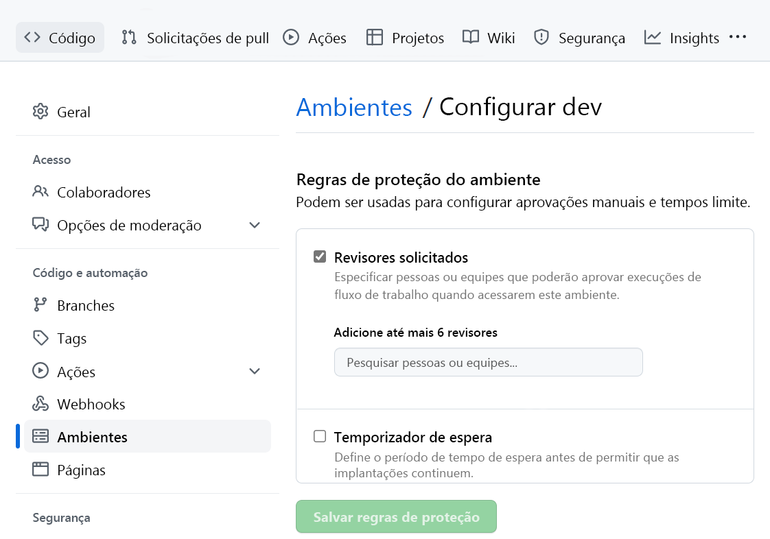 Captura de tela de uma verificação de aprovação de configuração no ambiente do GitHub.