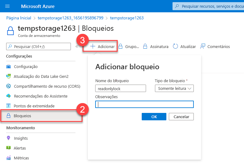 Captura de tela de Adicionar bloqueio de recurso em uma conta de armazenamento, definido para um bloqueio somente leitura.