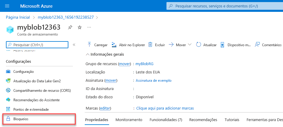 Uma captura de tela mostrando o controle do bloqueio de recurso, em configurações, para uma conta de armazenamento.