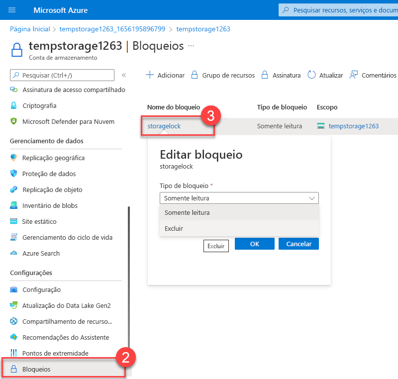 Captura de tela no meio do processo da tarefa de alterar o tipo de bloqueio em um bloqueio de recurso.