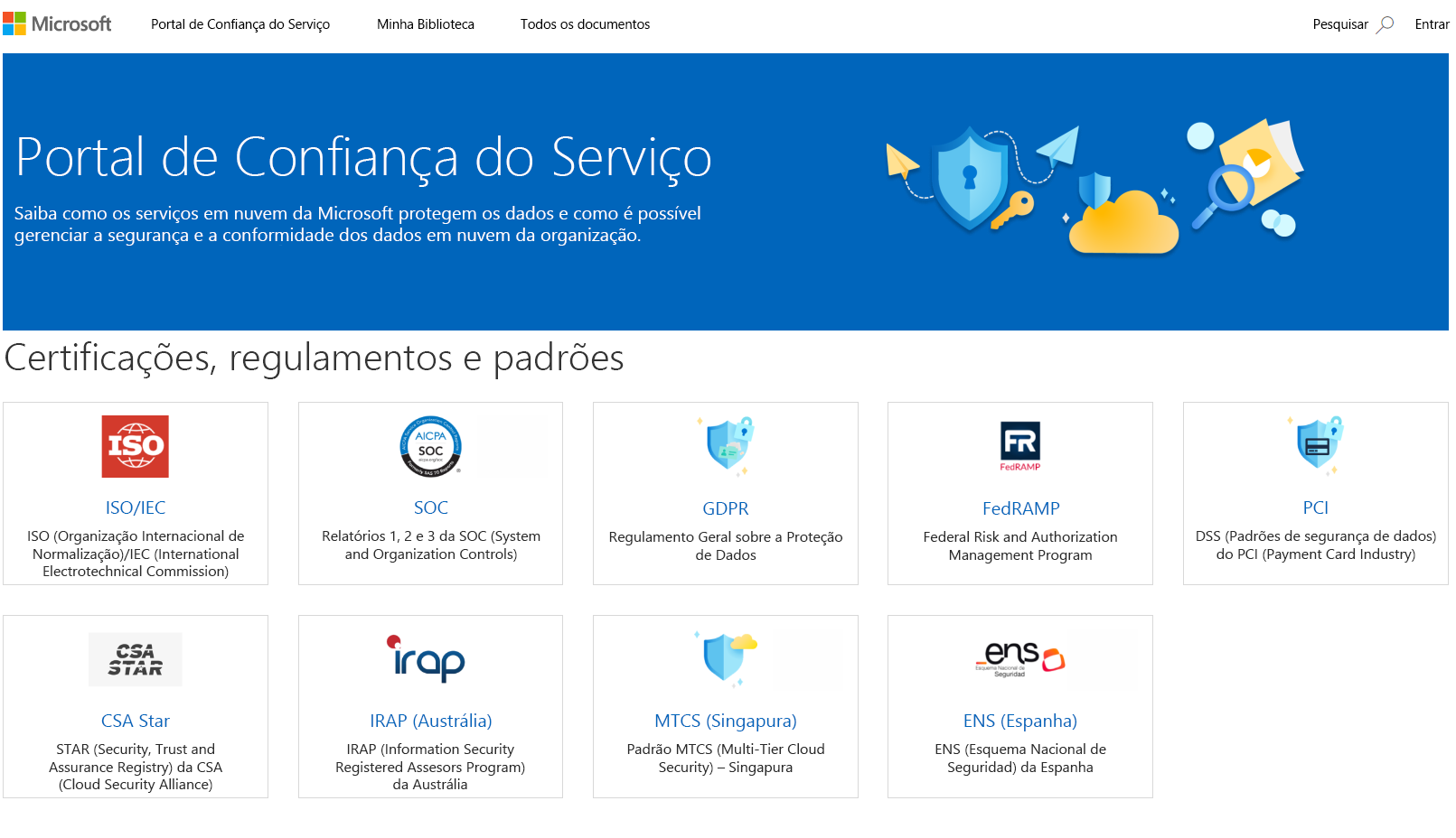 Captura de tela do portal de confiança do serviço com os itens do menu principal visíveis.