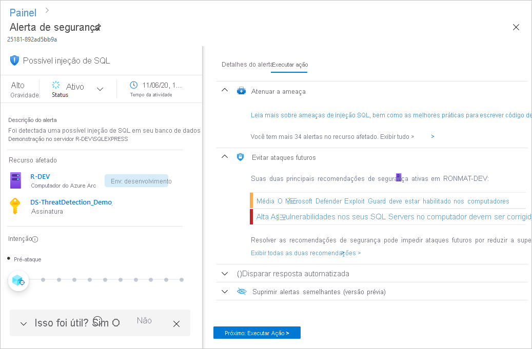 Captura de tela mostrando a exibição de detalhes completos de um alerta de segurança e o painel executar ações.