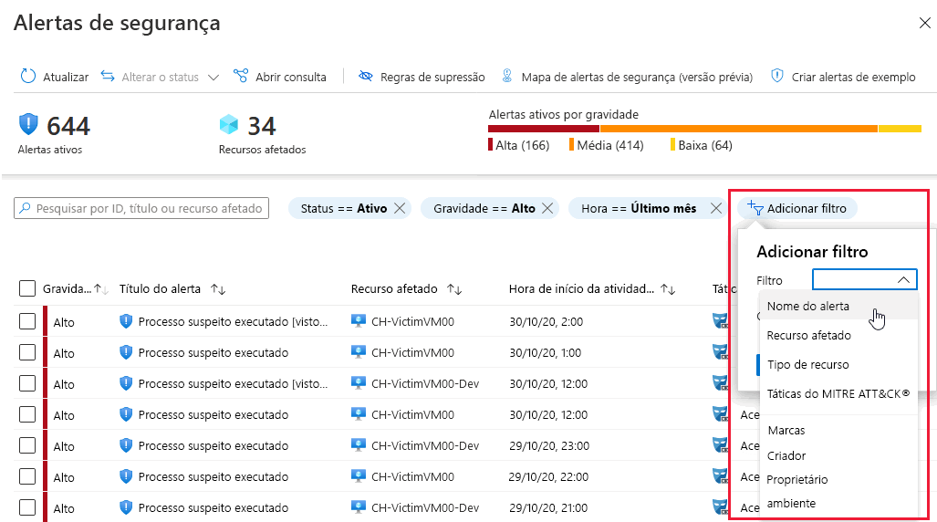 Captura de tela da adição de filtros à exibição de alertas.