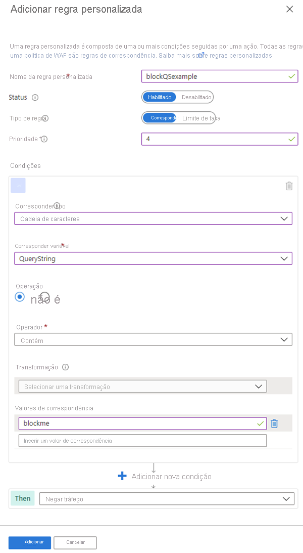 Screenshot that shows the WAF policy custom rule configuration.