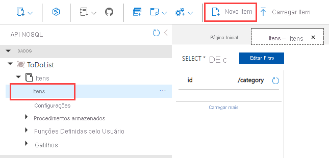 Crie um item no banco de dados.