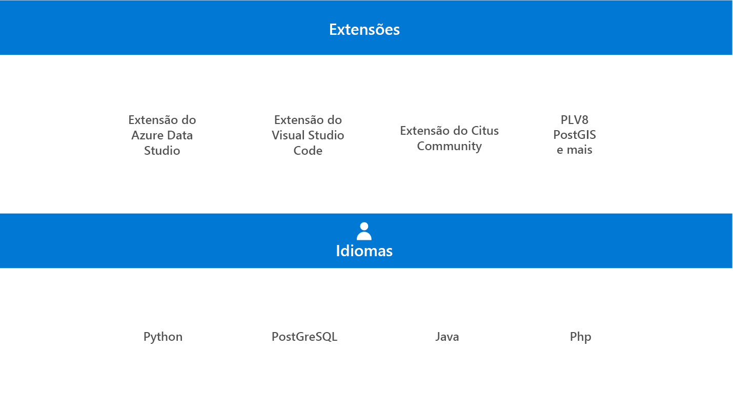 Captura de tela que mostra as extensões e as linguagens do PostgreSQL.