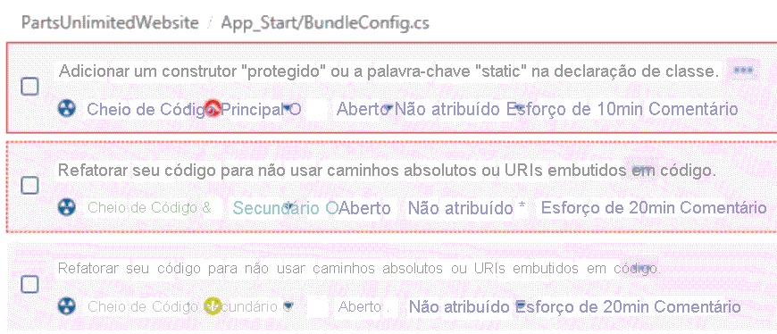 Captura de tela do projeto Partes Ilimitadas. São mostradas correções sugeridas e estimativas do tempo necessário para aplicar uma correção.