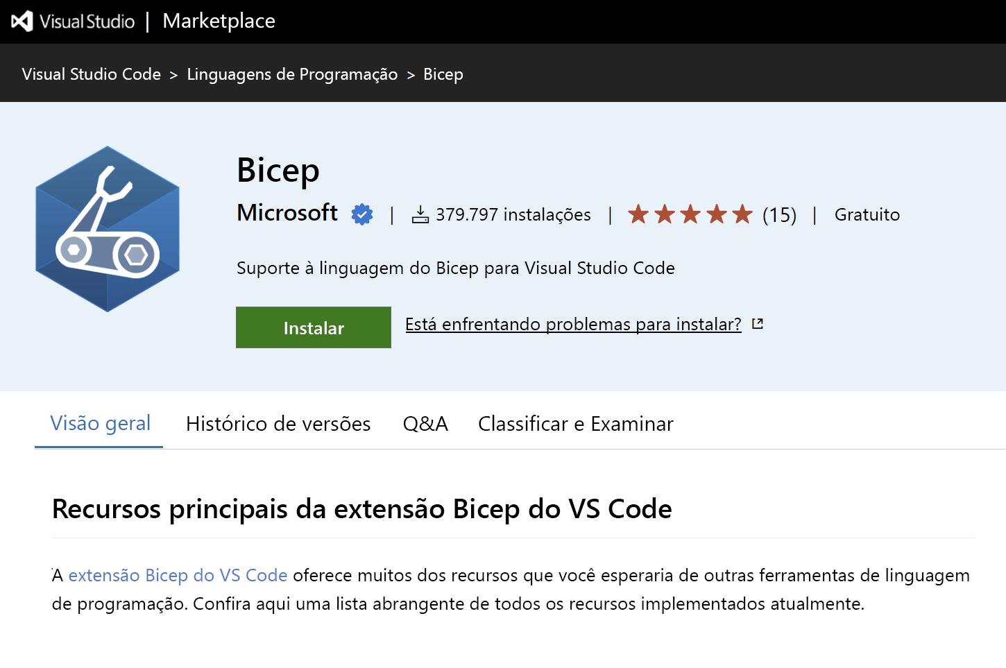 Captura de tela da extensão do Bicep do marketplace do VS Code.