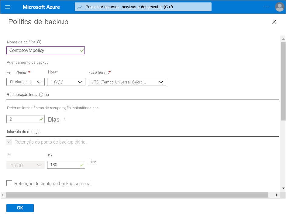 Uma captura de tela da folha “Política de backup”. O administrador nomeou a política ContosoVMpolicy. 