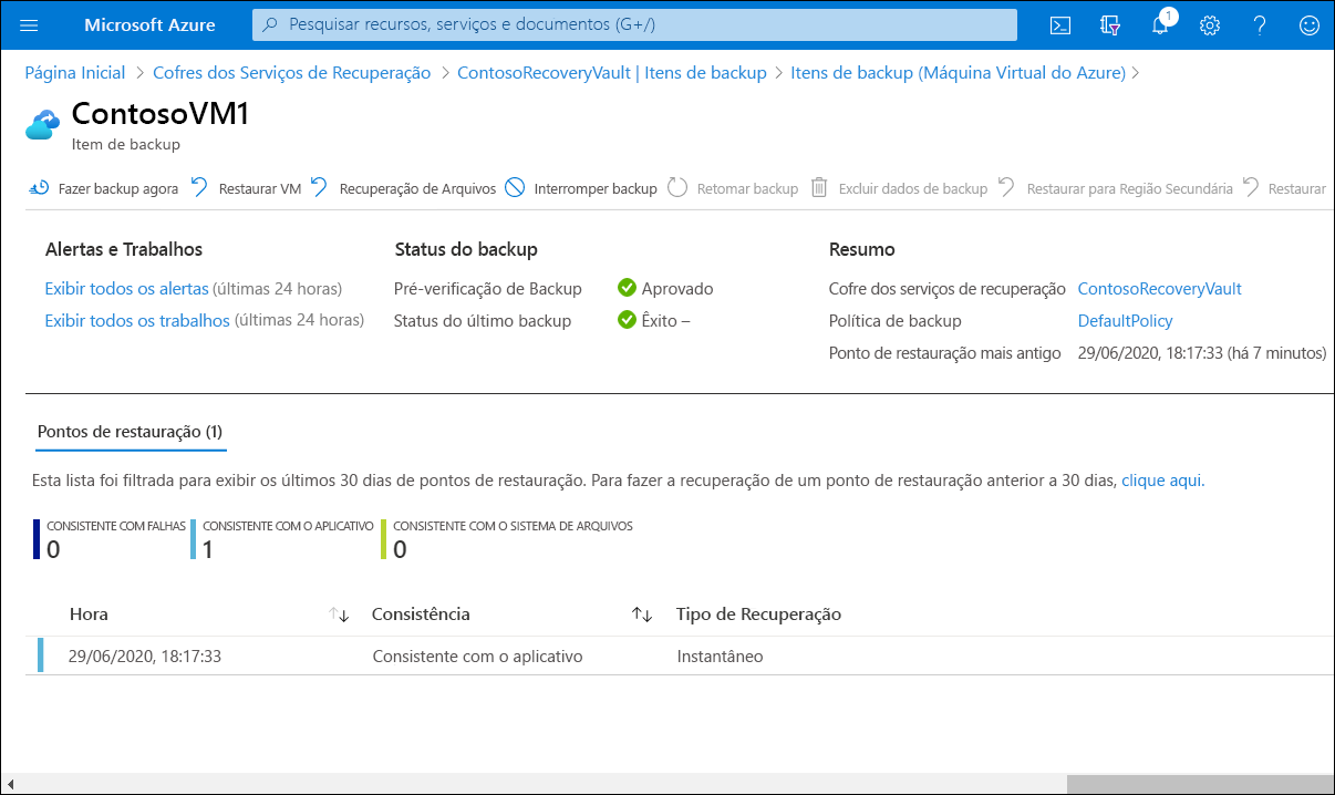 Captura de tela da ContosoVM1 | Folha do item de backup no portal do Azure. Um ponto de restauração está listado.