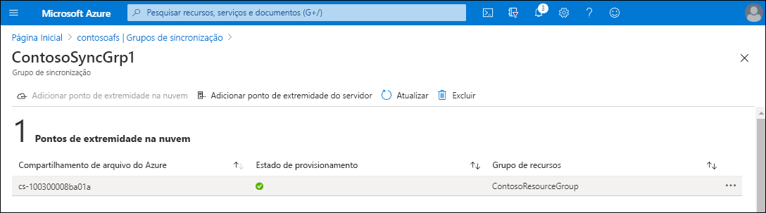 Uma captura de tela da página ContosoSyncGrp1 no portal do Azure. Um ponto de extremidade de nuvem lista o nome do Compartilhamento de Arquivos do Azure e o Grupo de Recursos.