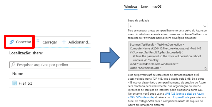 Uma captura de tela do script que o portal do Azure fornece para se conectar a um compartilhamento de arquivo do Azure e Conectar está selecionado.