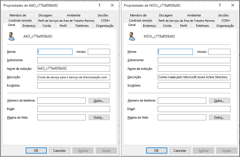 Captura de tela de “Usuários e computadores” do Active Directory. O administrador abriu duas contas: MSOL_c778af008d92 e AAD_c778af008d92. A guia “Geral” está selecionada para ambas. 