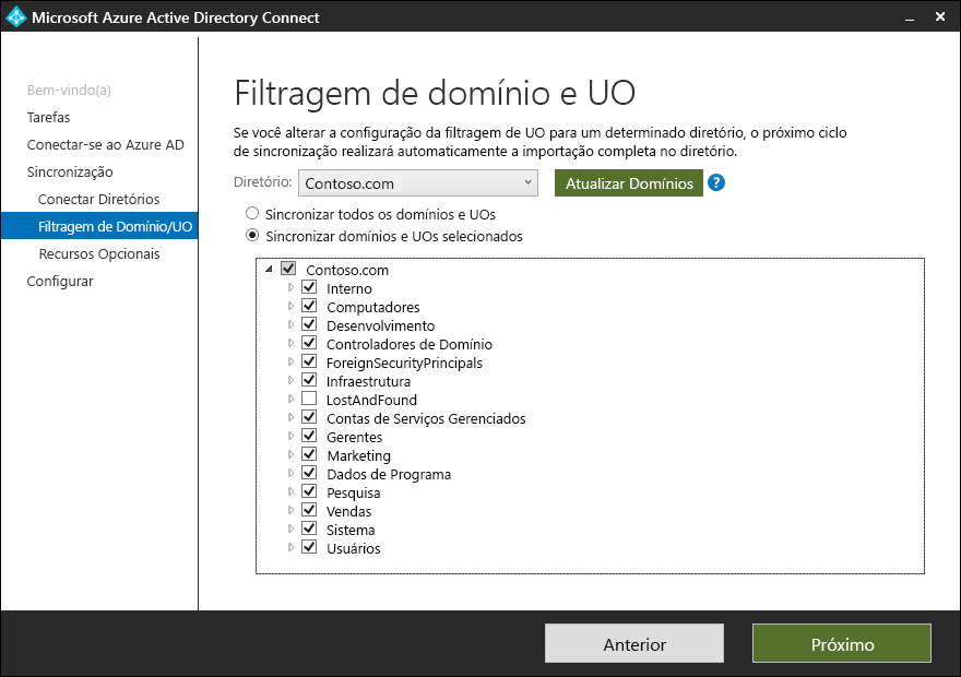 Captura de tela do Assistente do Microsoft Entra Connect, guia Filtragem de Domínio/UO. O administrador selecionou a opção sincronizar domínios e unidades organizacionais selecionados, além das várias UOs da lista Contoso.com retornada.