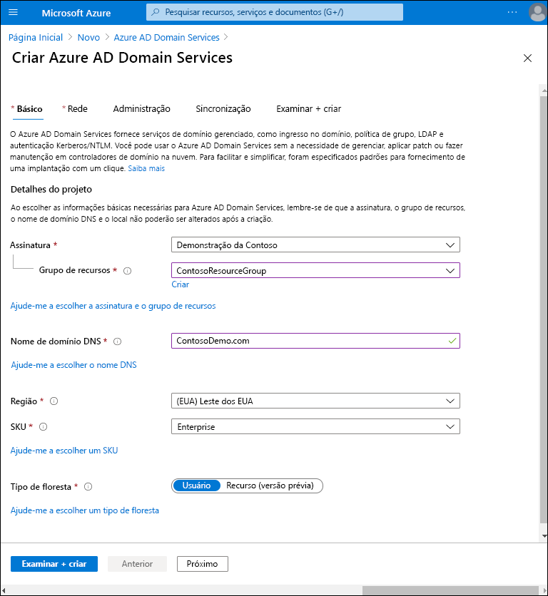 Uma captura de tela da guia Noções básicas no Assistente para criar serviços de domínio do Microsoft Entra no portal do Azure. As configurações foram definidas da seguinte forma: O grupo de recursos é ContosoResourceGroup, o nome de domínio DNS é ContosoDemo.com e o SKU é Enterprise.