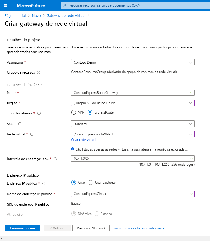 Uma captura de tela do painel Criar gateway de rede virtual. O administrador configurou os valores descritos no texto anterior.