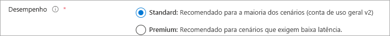 Uma captura de tela do botão de opção desempenho com o Standard selecionado e tipo de conta com storagev2 selecionado.