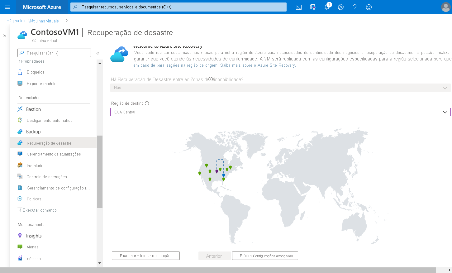 Uma captura de tela da folha recuperação de desastre para a máquina virtual ContosoVM1. O Centro dos EUA foi selecionado como a região de destino. Um mapa é exibido com essa região realçada.