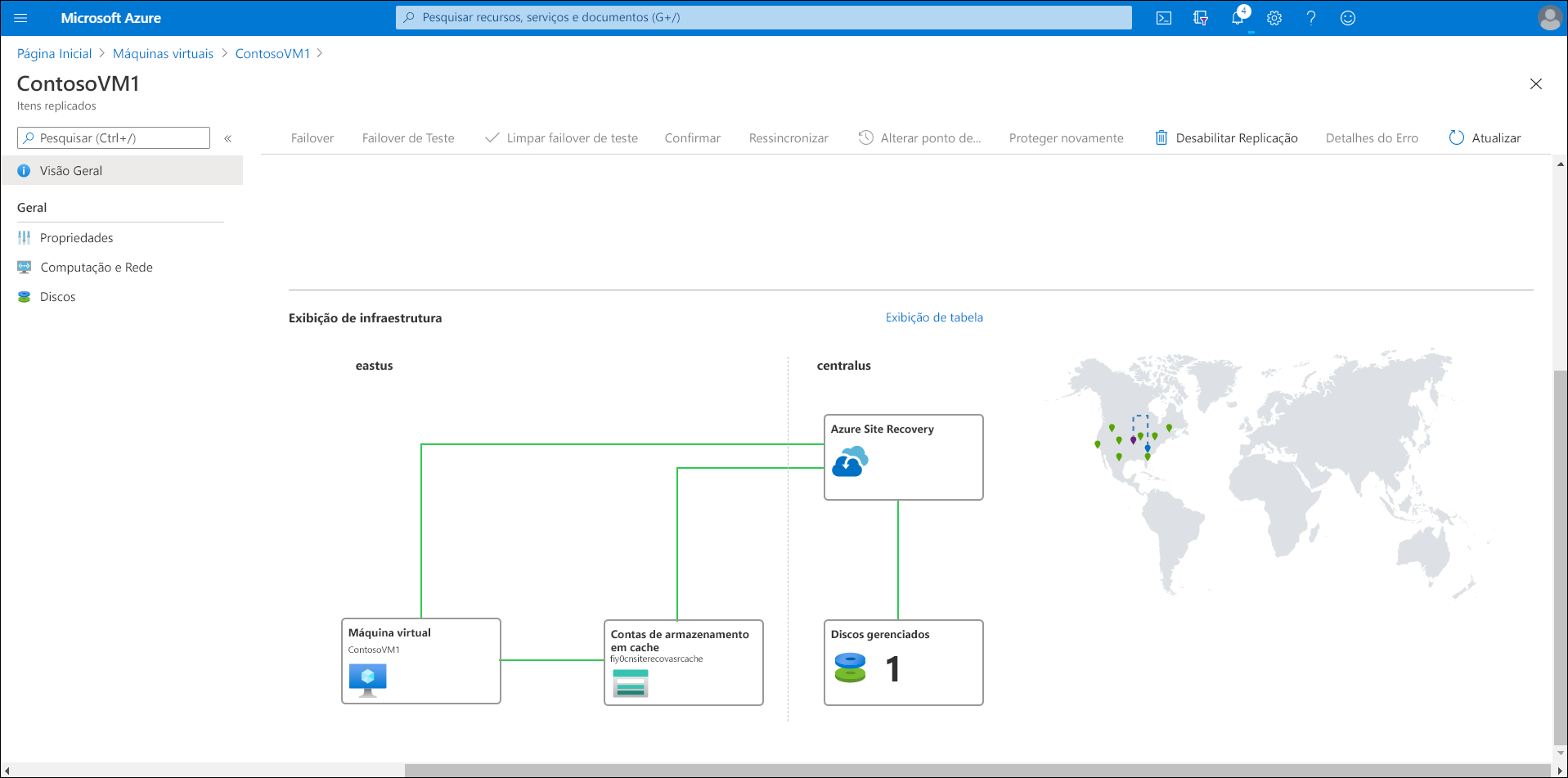 Uma captura de tela da folha recuperação de desastre para a máquina virtual ContosoVM1. O administrador selecionou Visão geral. A exibição infraestrutura é exibida. Um mapa topográfico exibe os recursos e um mapa geográfico realça as regiões selecionadas. Atualmente, um Failover de Teste está em andamento após a configuração inicial.