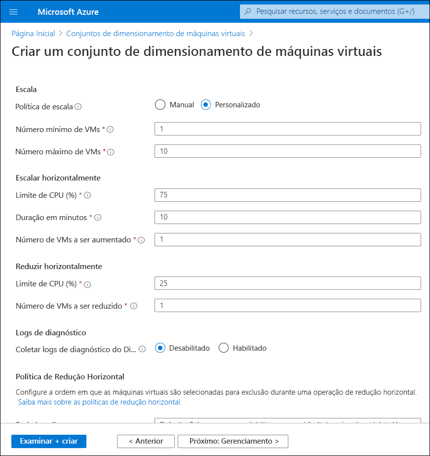 Uma captura de tela da folha Criar um conjunto de dimensionamento de máquinas virtuais. O administrador está configurando a guia Escala e selecionou Personalizado, o que resulta em mais opções disponíveis.